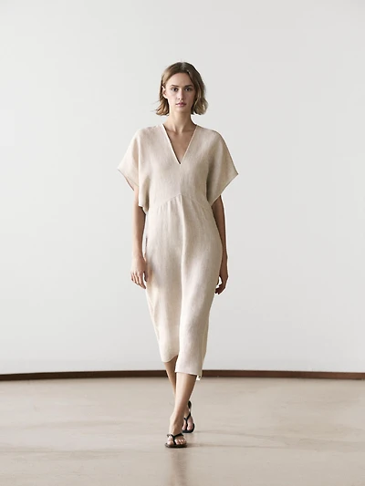 Lightweight short sleeve linen midi dress