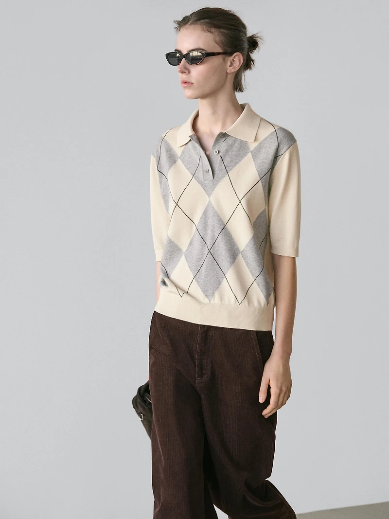 Argyle knit polo sweater