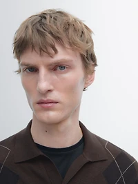 Wool blend argyle knit polo sweater