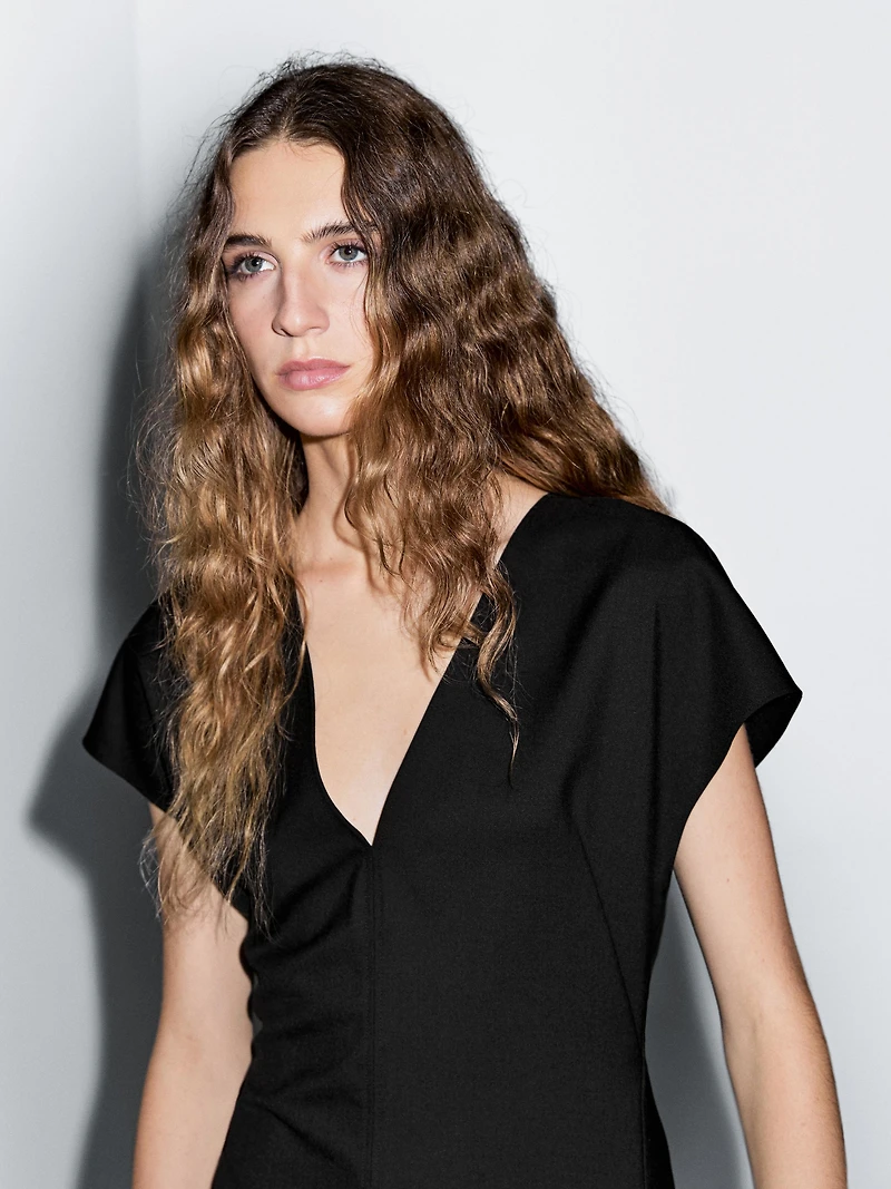 Long wool blend V-neck dress