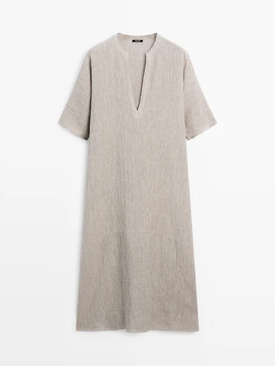 Waffle-knit linen blend kaftan dress