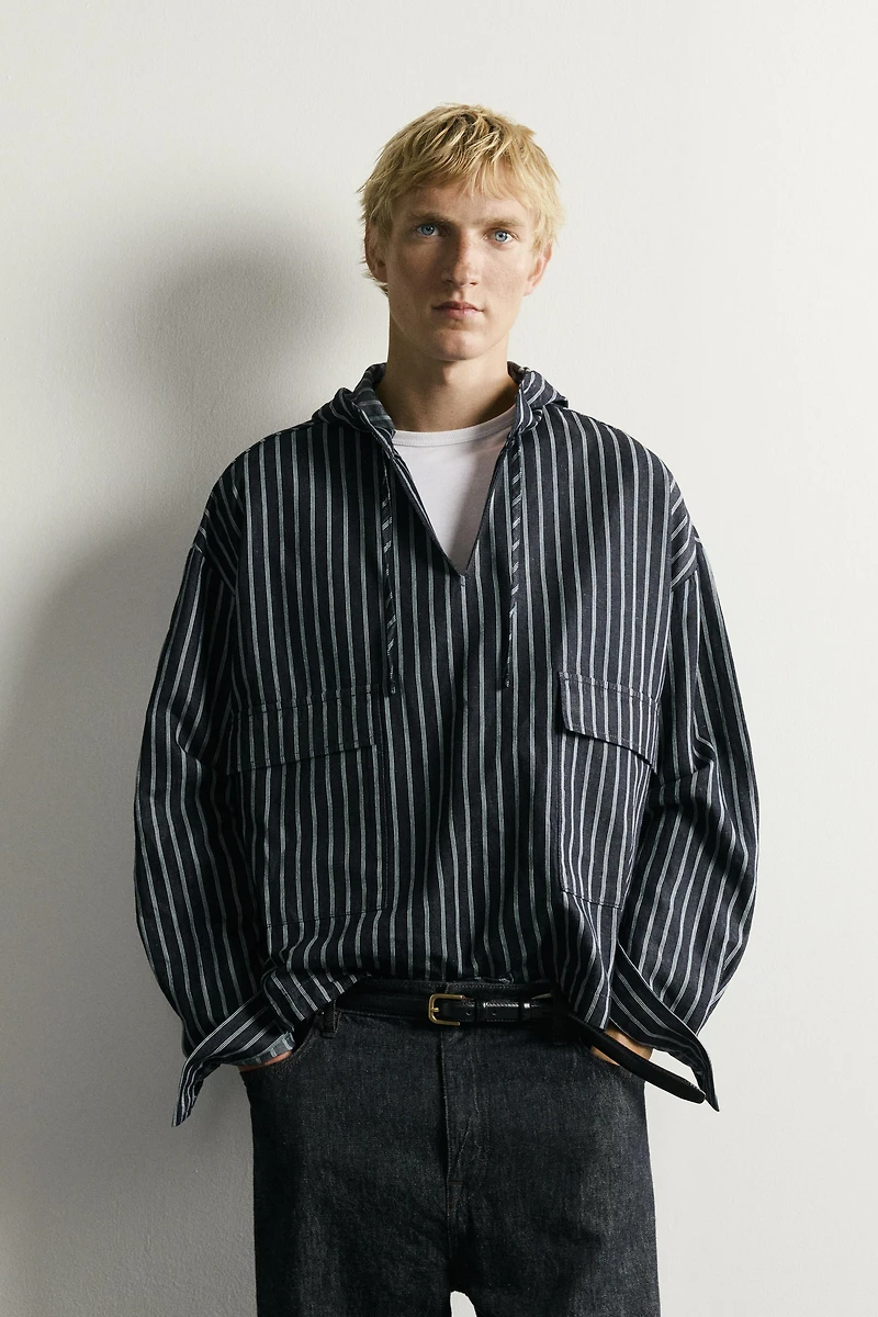 STRIPED COTTON-LINEN HOODIE OVERSHIRT