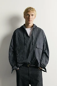 STRIPED COTTON-LINEN HOODIE OVERSHIRT