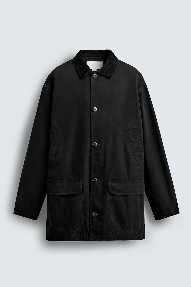 DENIM TRENCH COAT WITH CONTRASTING COLLAR