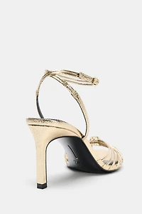 METALLIC KNOTTED HEELED SANDALS