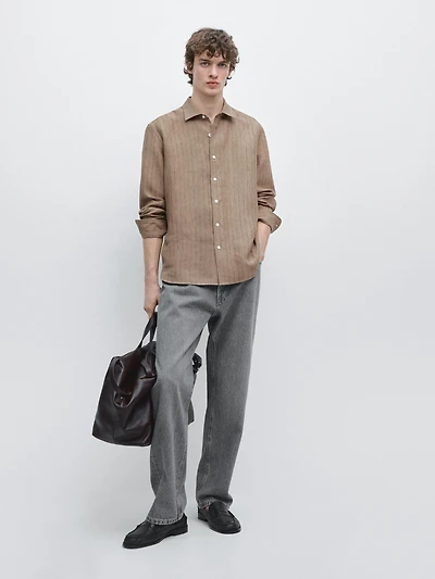 100% linen slim fit striped shirt