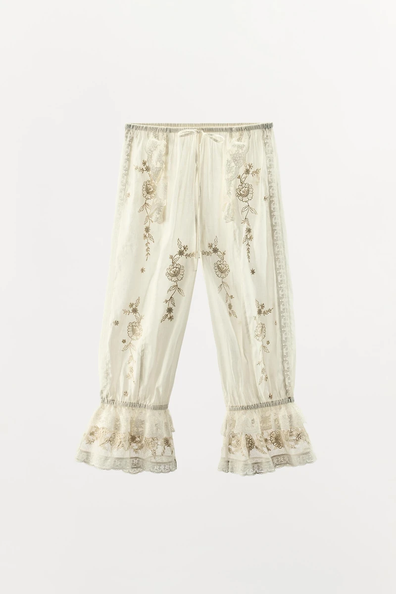 RUFFLED EMBROIDERED BEADED PANTS