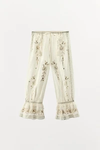 RUFFLED EMBROIDERED BEADED PANTS