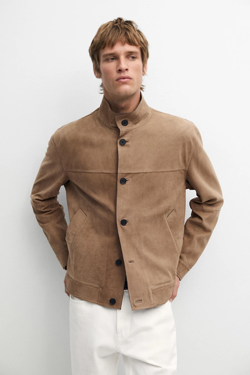 Nubuck leather stand-up collar jacket
