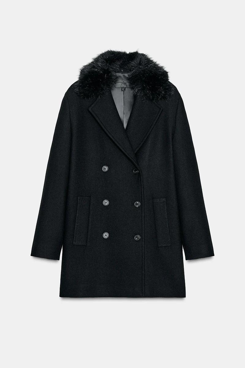 SHORT WOOL COAT WITH FAUX FUR LAPEL