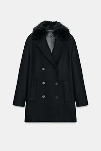 SHORT WOOL COAT WITH FAUX FUR LAPEL