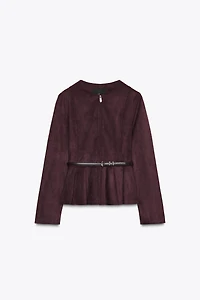 VESTE PEPLUM EFFET DAIM CEINTURÉE