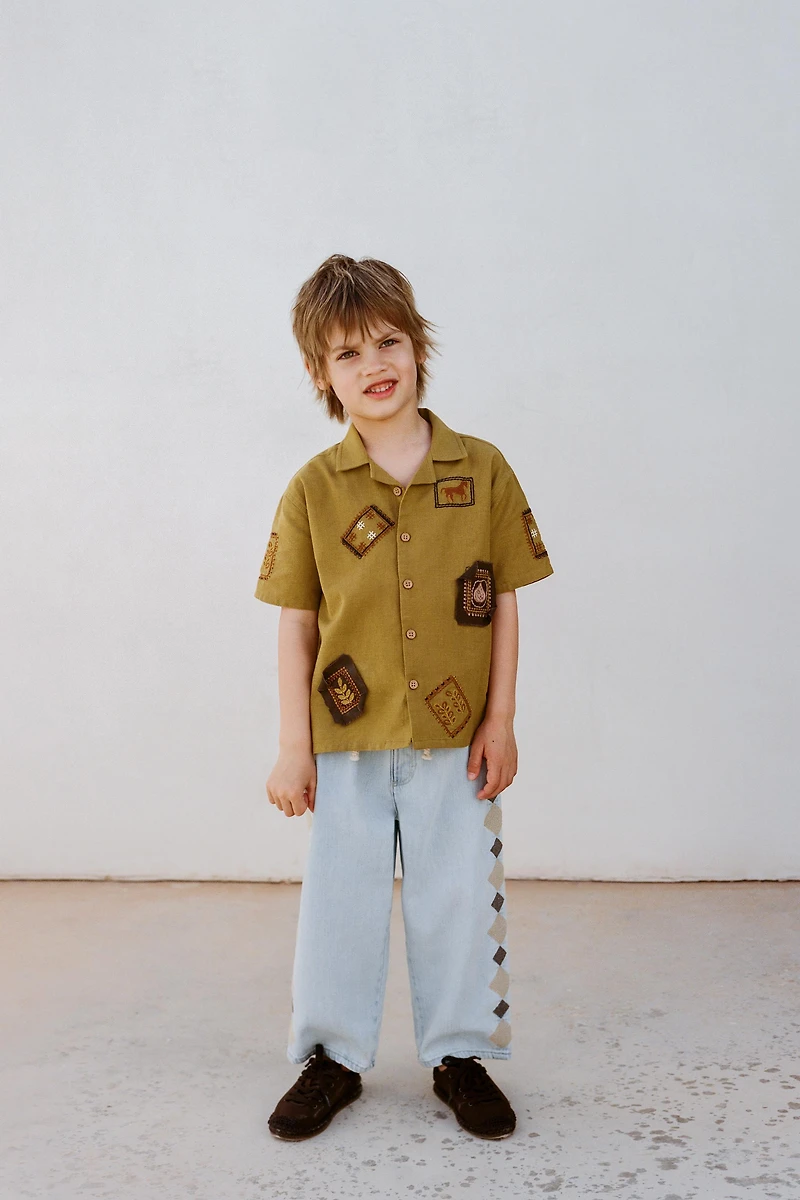 COTTON LINEN BLEND BOWLING SHIRT WITH PATCHES