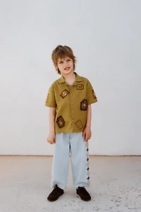 COTTON LINEN BLEND BOWLING SHIRT WITH PATCHES