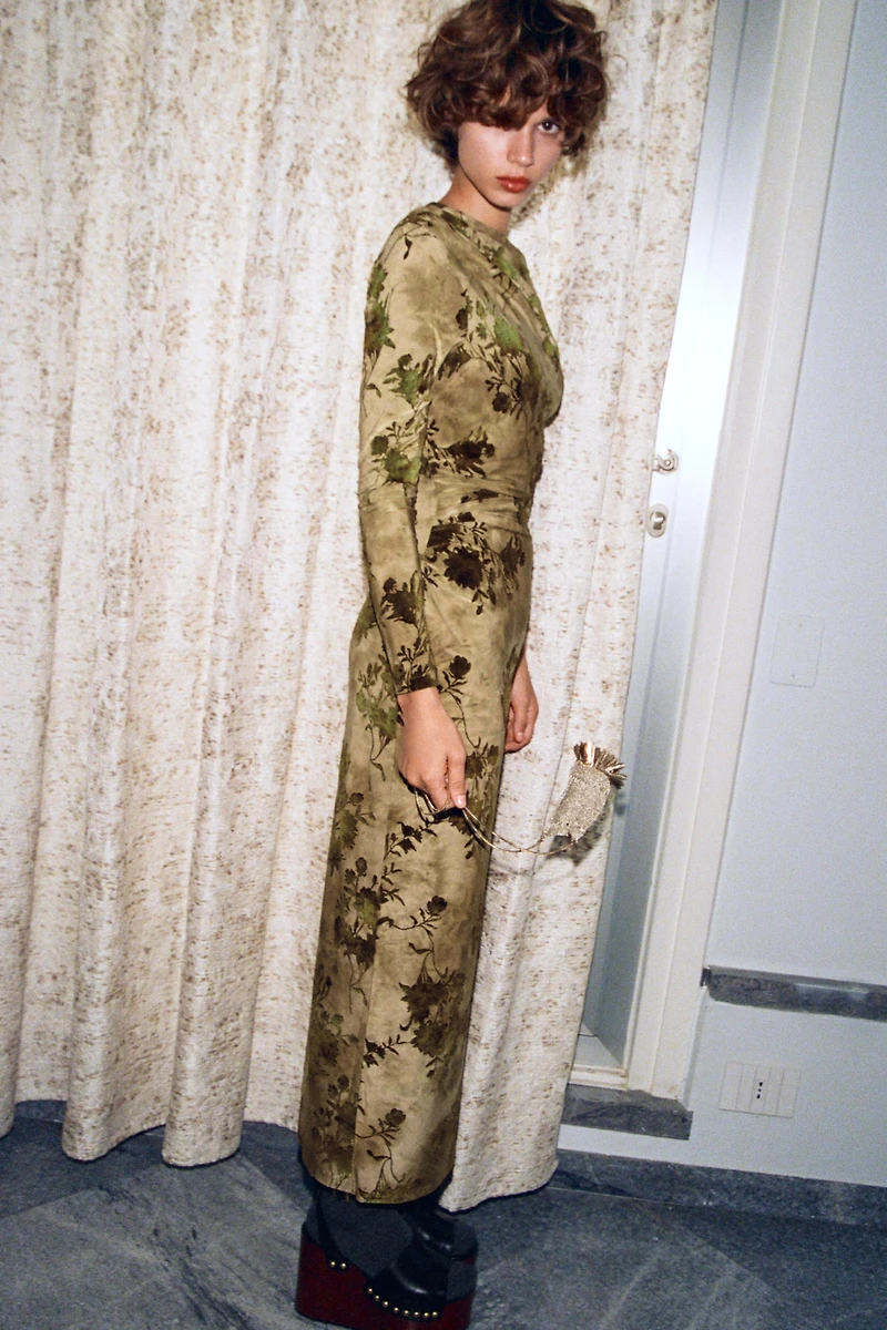 RUCHED FLOCKED DRESS