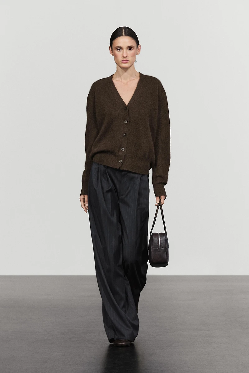 Brushed wool-blend V-neck knit cardigan