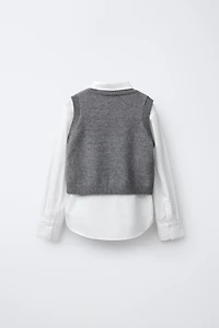 POPLIN SHIRT WITH KNITTED VEST AND VELVET BOWS