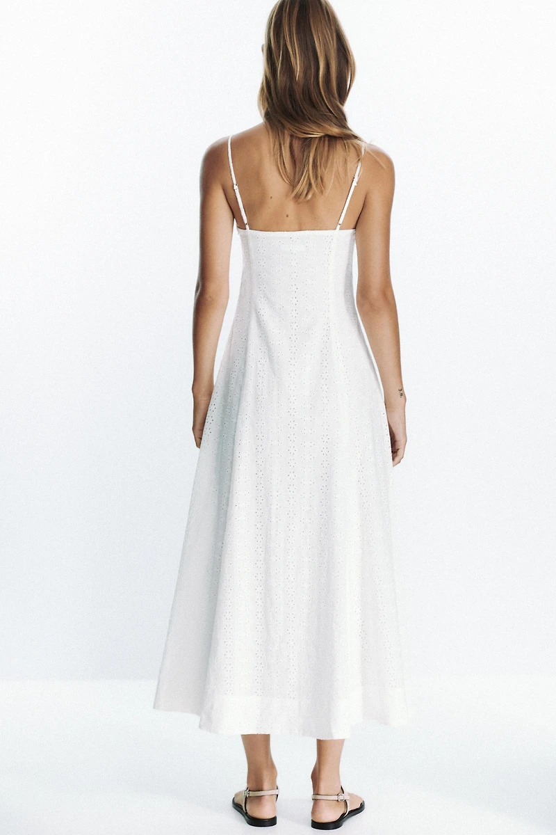 EMBROIDERED EYELET CORSET MIDI DRESS