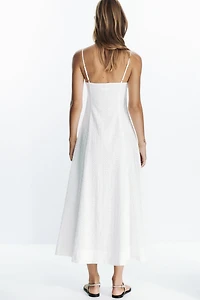 EMBROIDERED EYELET CORSET MIDI DRESS