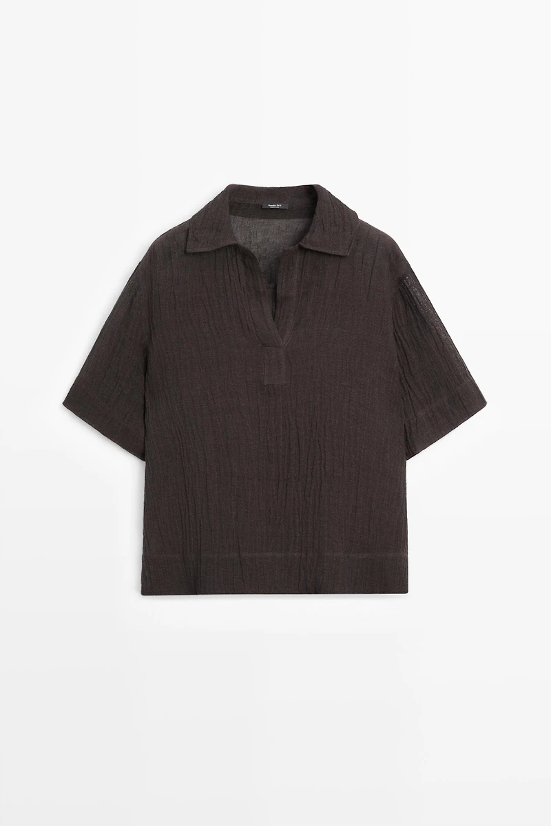 Flowing linen blend polo blouse