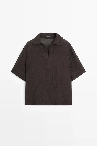 Flowing linen blend polo blouse