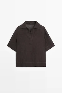 Flowing linen blend polo blouse