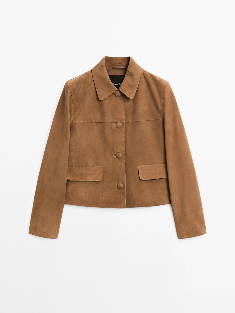 Suede leather jacket with lined buttons