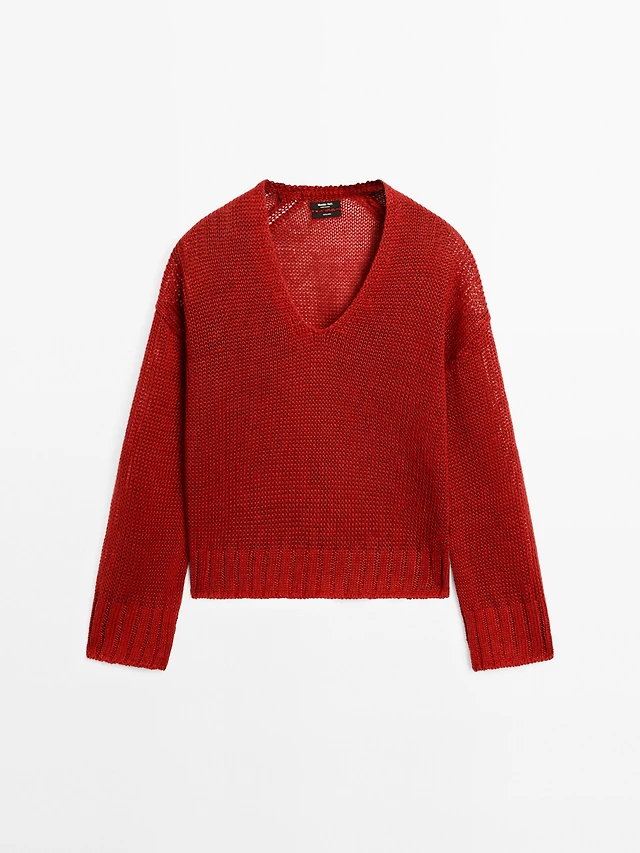 Pull Court Zara Femme - Maille Légère Col V Rouge Vif - Taille S - Très Bon État Occasion