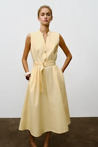 BELTED POPLIN MIDI DRESS