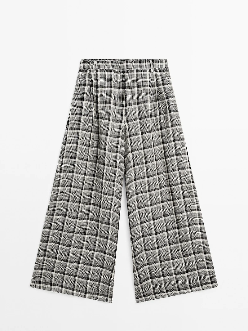 100% linen check palazzo trousers