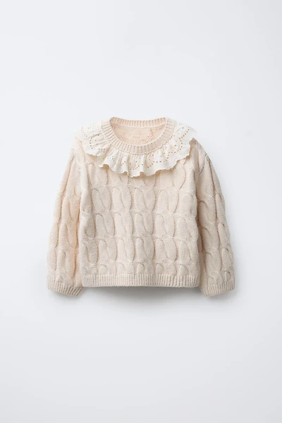 CABLE KNIT SWEATER WITH LACE COLLAR