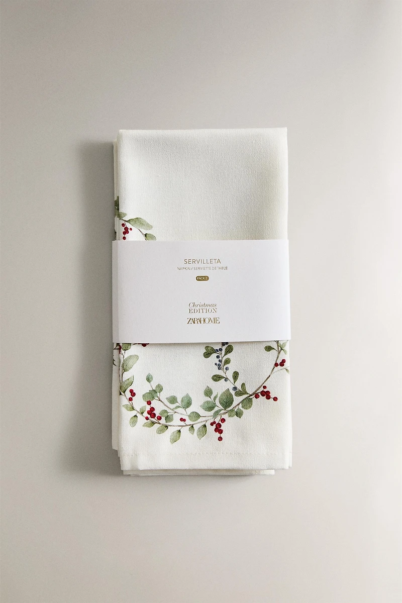 LOT DE SERVIETTES DE TABLE COTON FEUILLES DE HOUX NOËL (LOT DE 2)