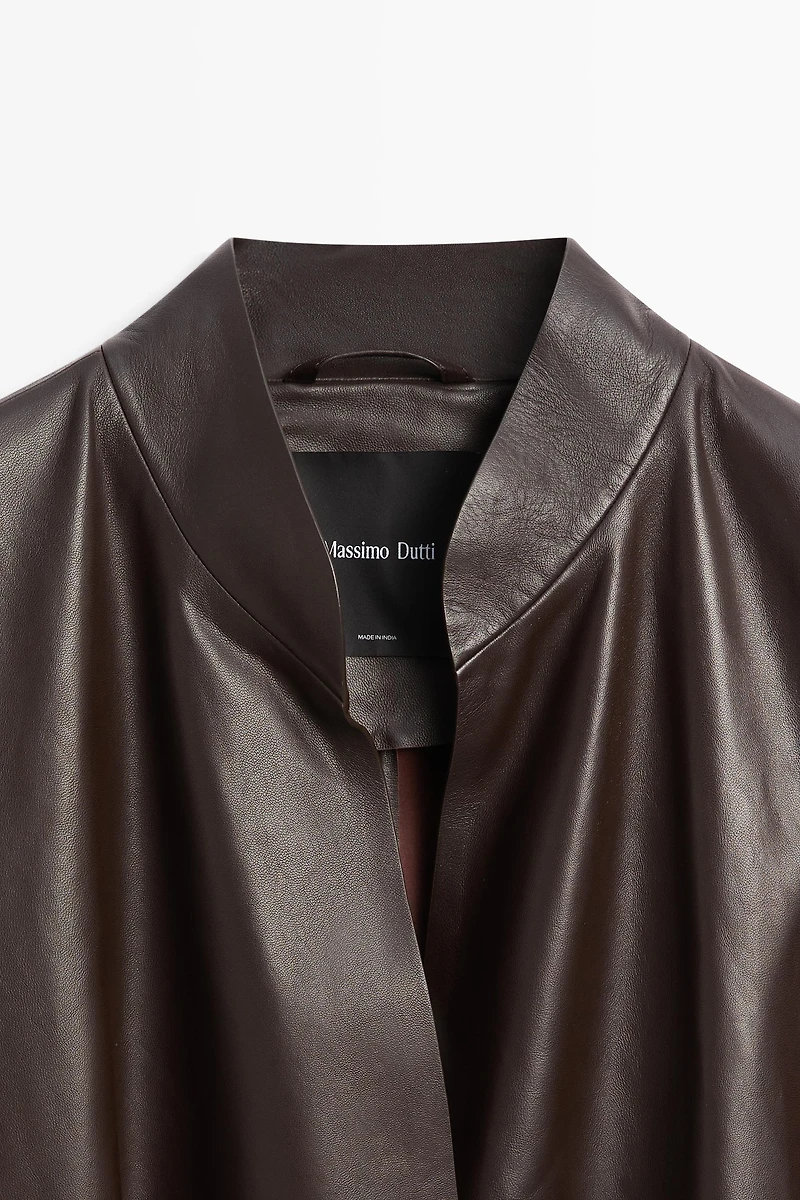 Wrap-front nappa leather jacket with tie detail