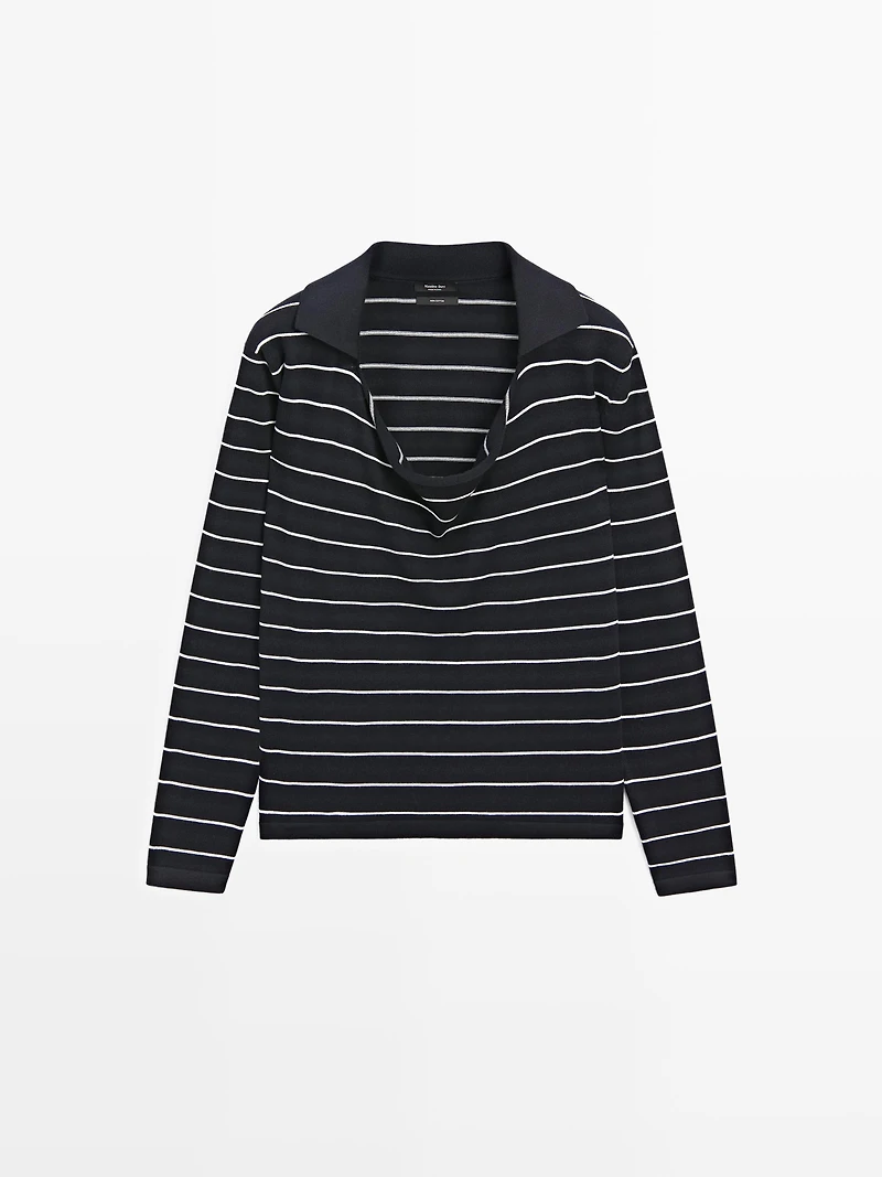 Cotton striped knit polo sweater