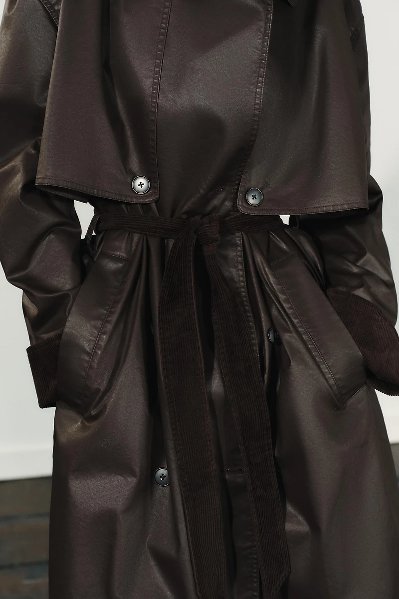 LONG WAXED TRENCH COAT WITH CORDUROY CUFFS