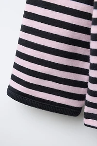 WOVEN STRIPED HEART EMBROIDERY T-SHIRT