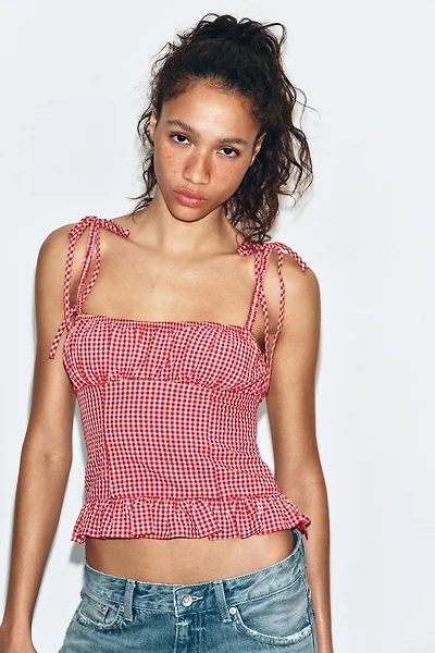 GINGHAM RUCHED TOP