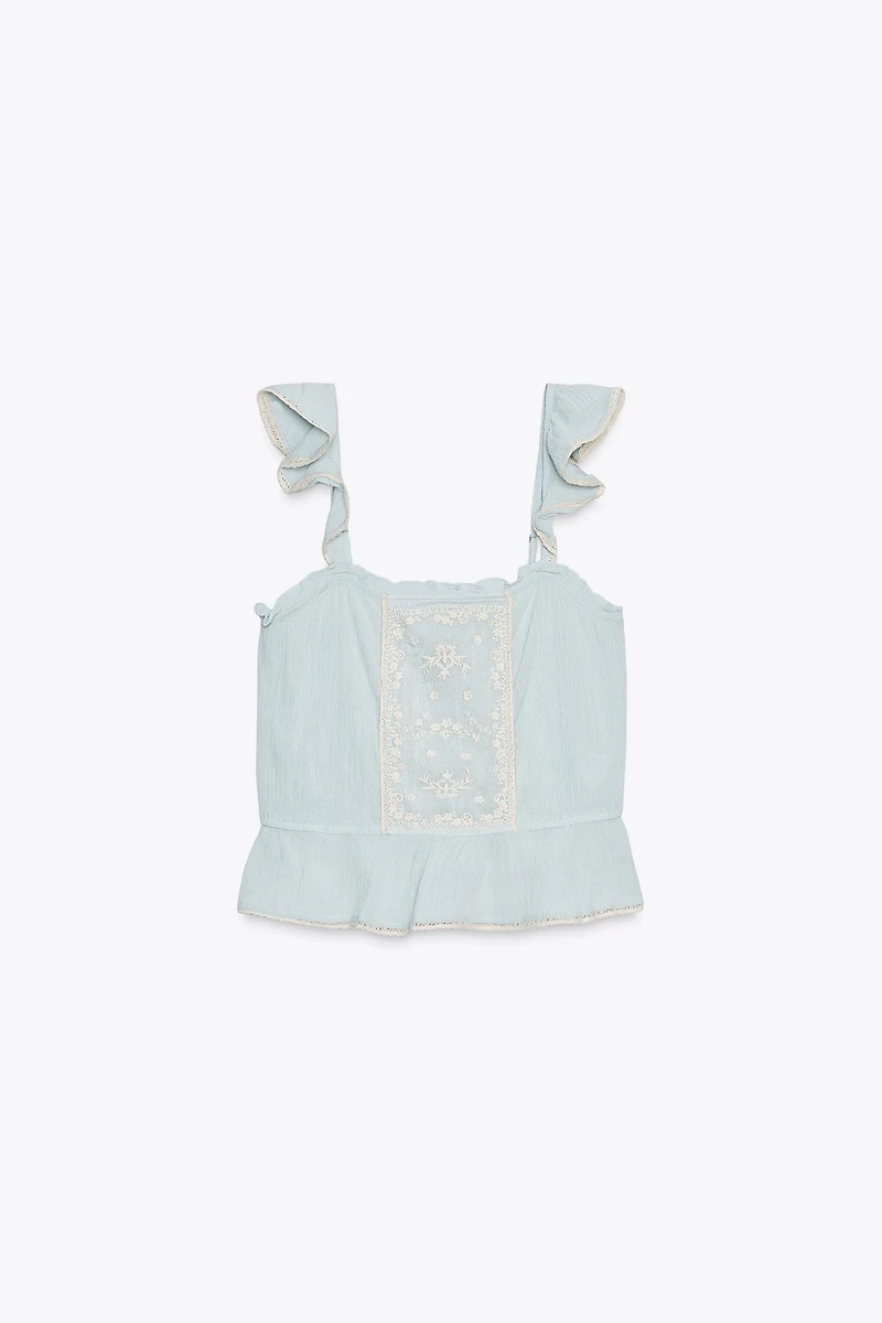 EMBROIDERED RUFFLE TOP