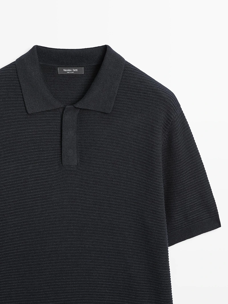 Linen and cotton blend knit polo shirt with short sleeves