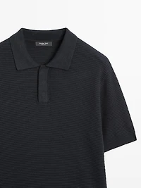 Linen and cotton blend knit polo shirt with short sleeves