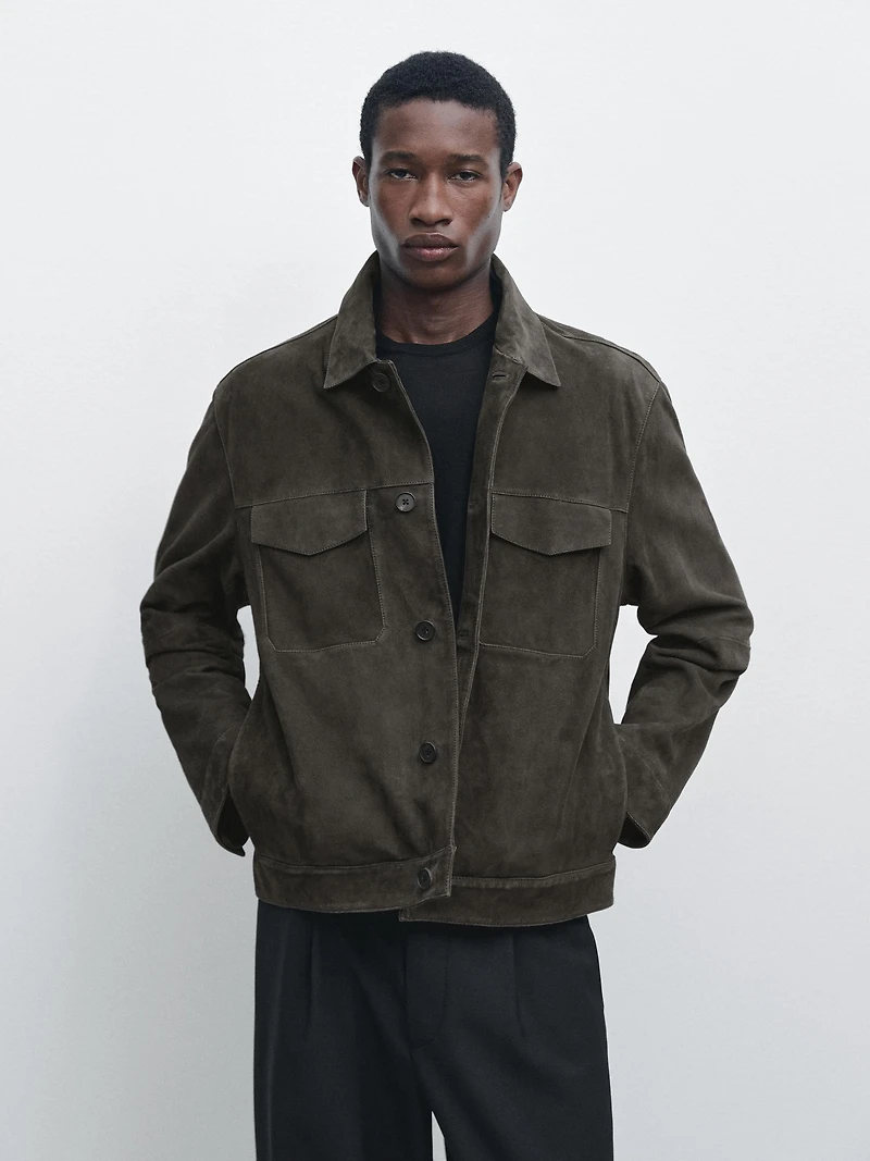 Veste poches cuir daim
