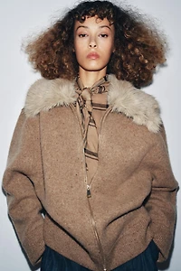 100% WOOL FAUX FUR LAPEL JACKET