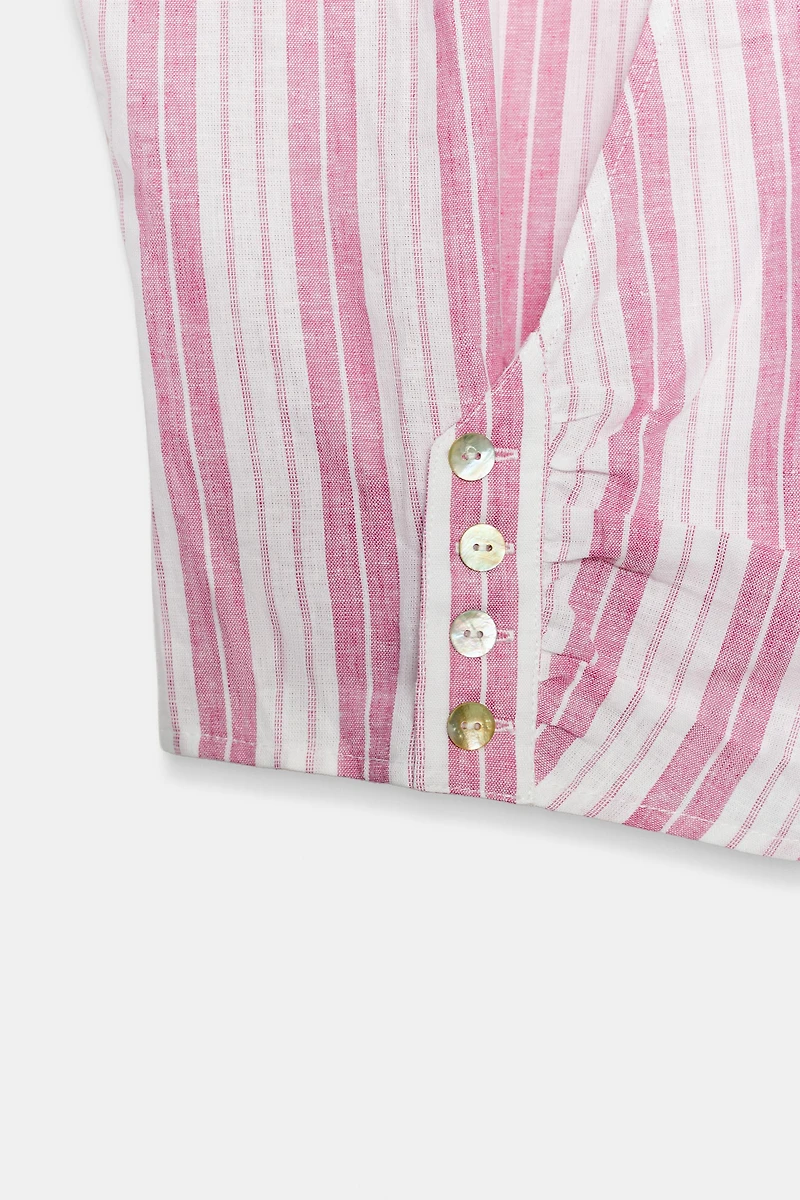 STRIPED BUTTON-FRONT WRAP TOP
