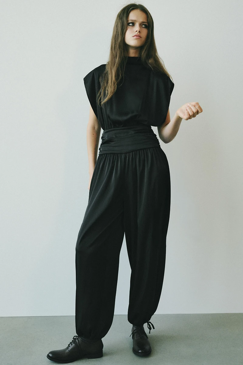 SATIN CUMMERBUND JUMPSUIT