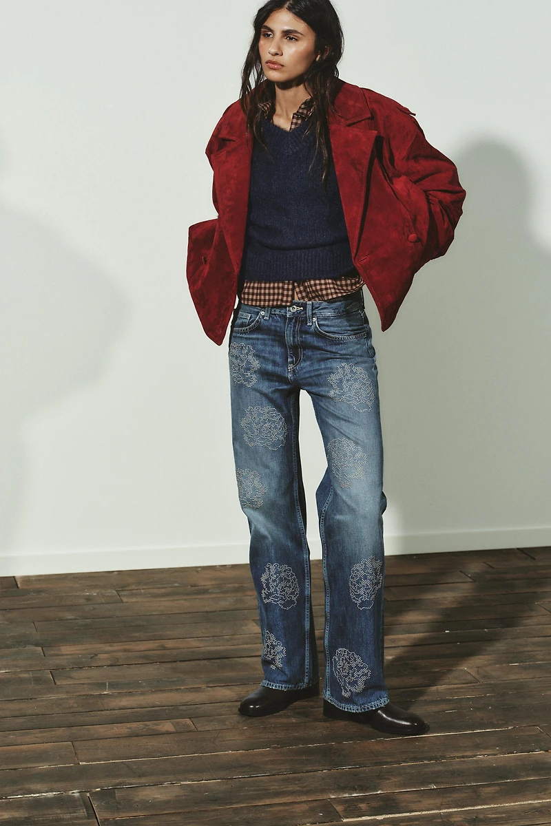 HIGH-WAIST BARREL TRF FLORAL JEANS