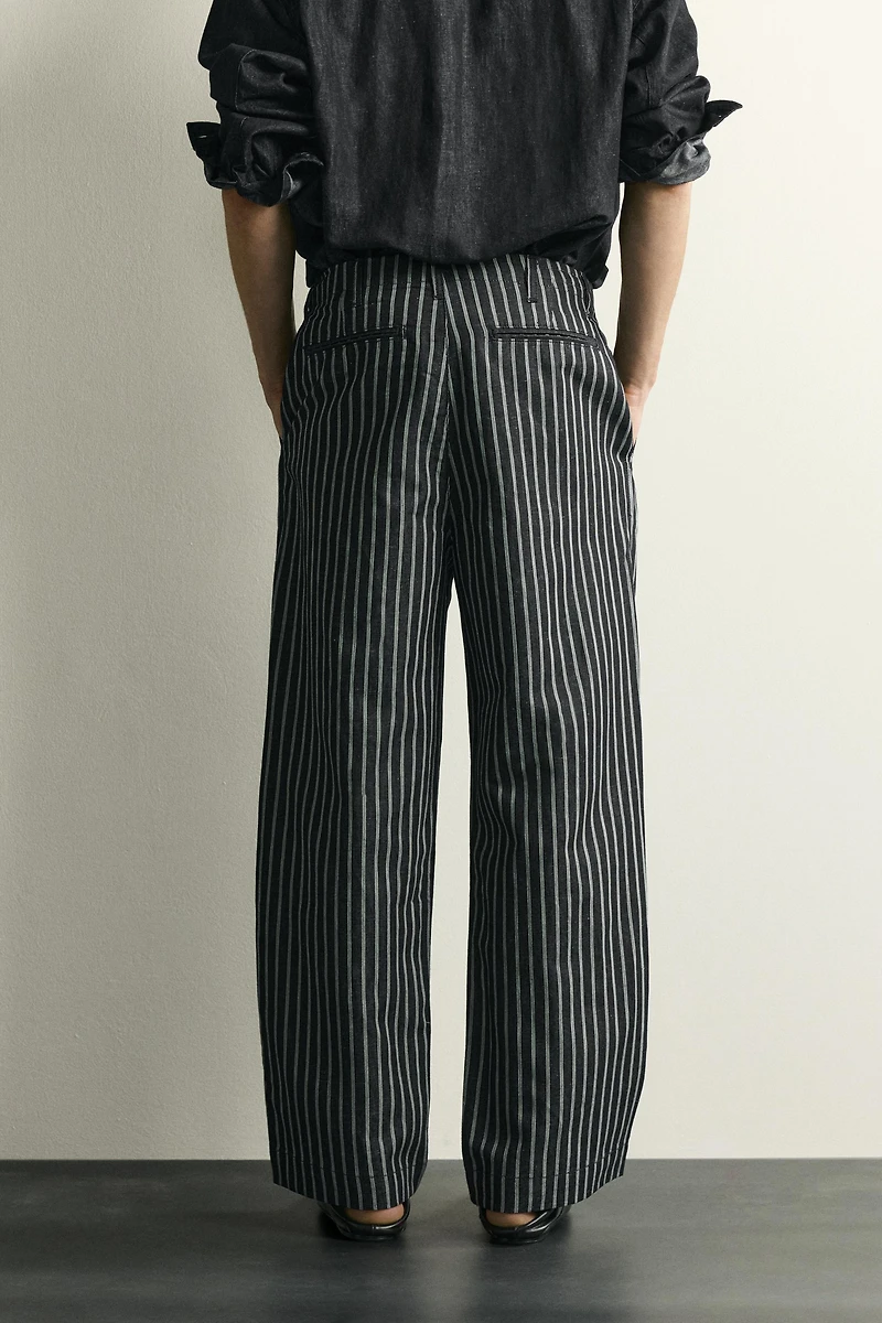 STRIPED COTTON-LINEN DENIM PANTS