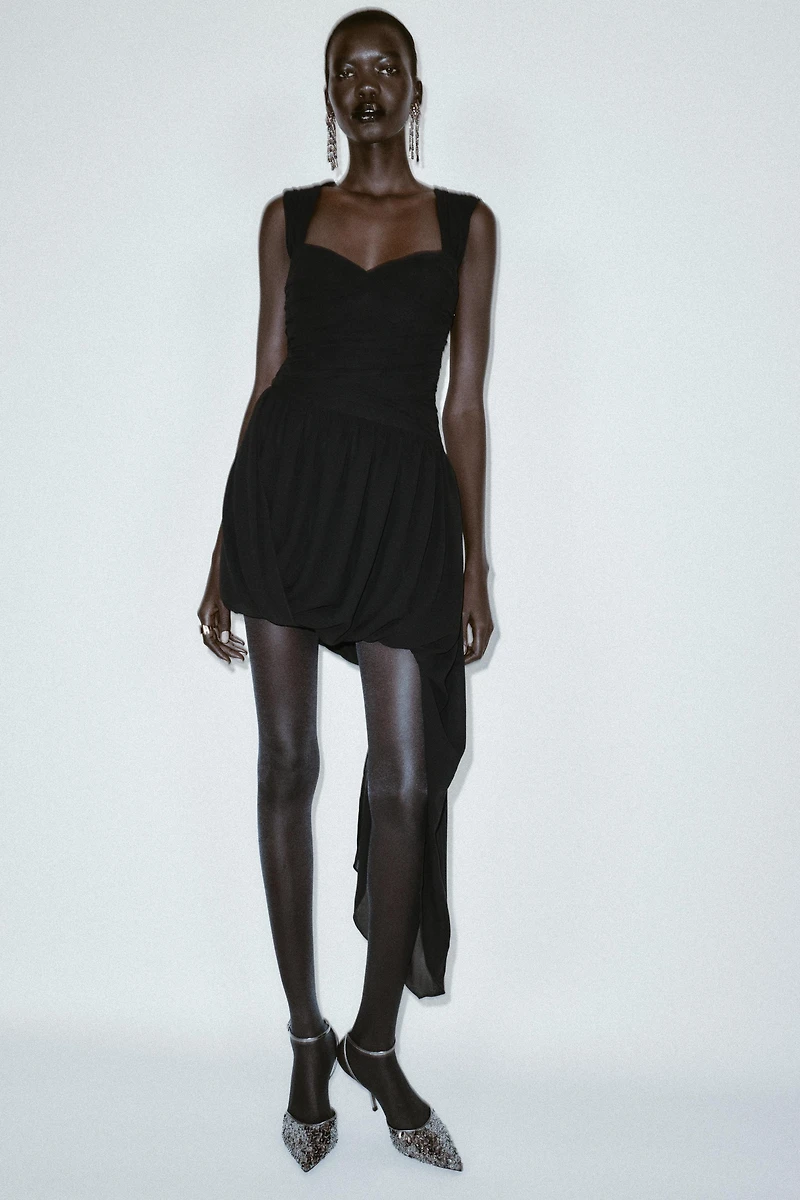 ASYMMETRICAL DRAPED MINI DRESS WITH BALLOON HEM