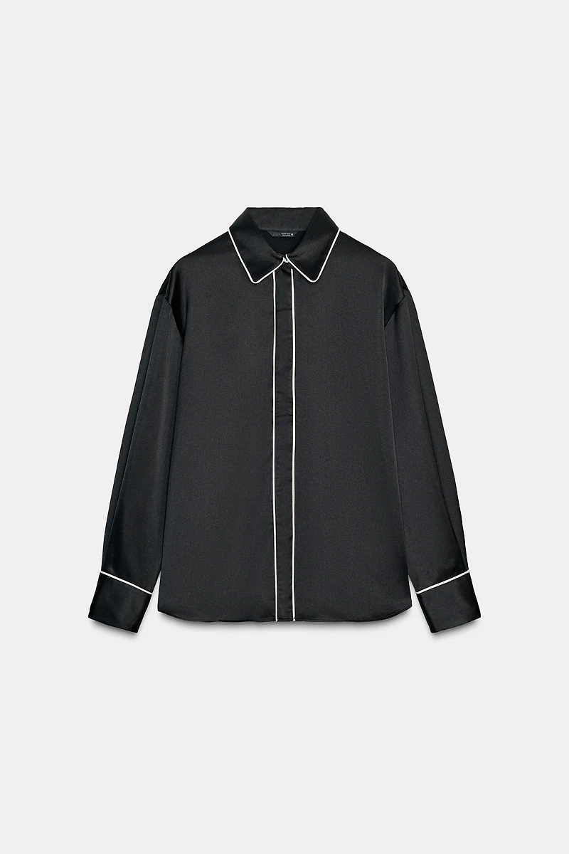 CONTRASTING PIPING OVERSIZED SATIN SHIRT