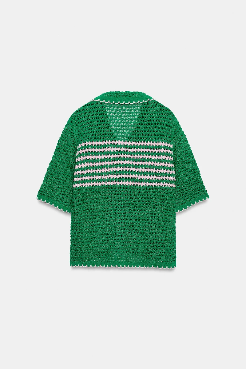 STRIPED OPENWORK CARDIGAN WITH SHORT SLEEVES