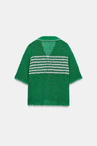STRIPED OPENWORK CARDIGAN WITH SHORT SLEEVES